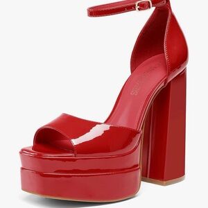 Dream Pairs Red Patent Platform Block Heel Sandal with Ankle Strap